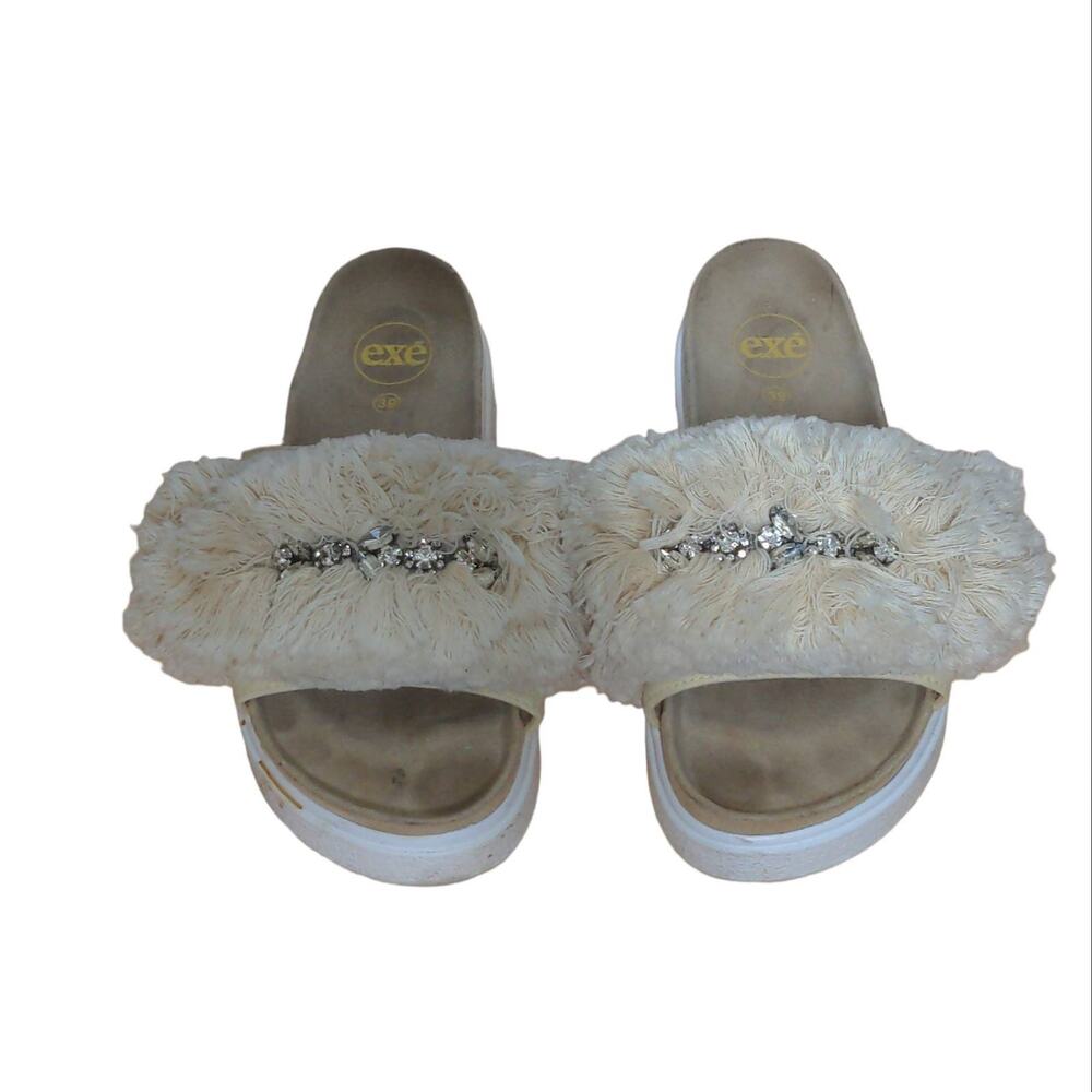 Exe Slides Sandals Beige Rhinestone Flat Heel Platform Slip On Fluffy 39 8.5